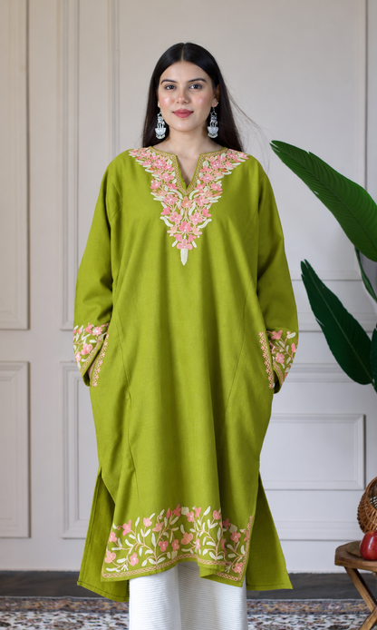 Lime Blush Petals Aari Embroidered Fine Cashmilon Pheran