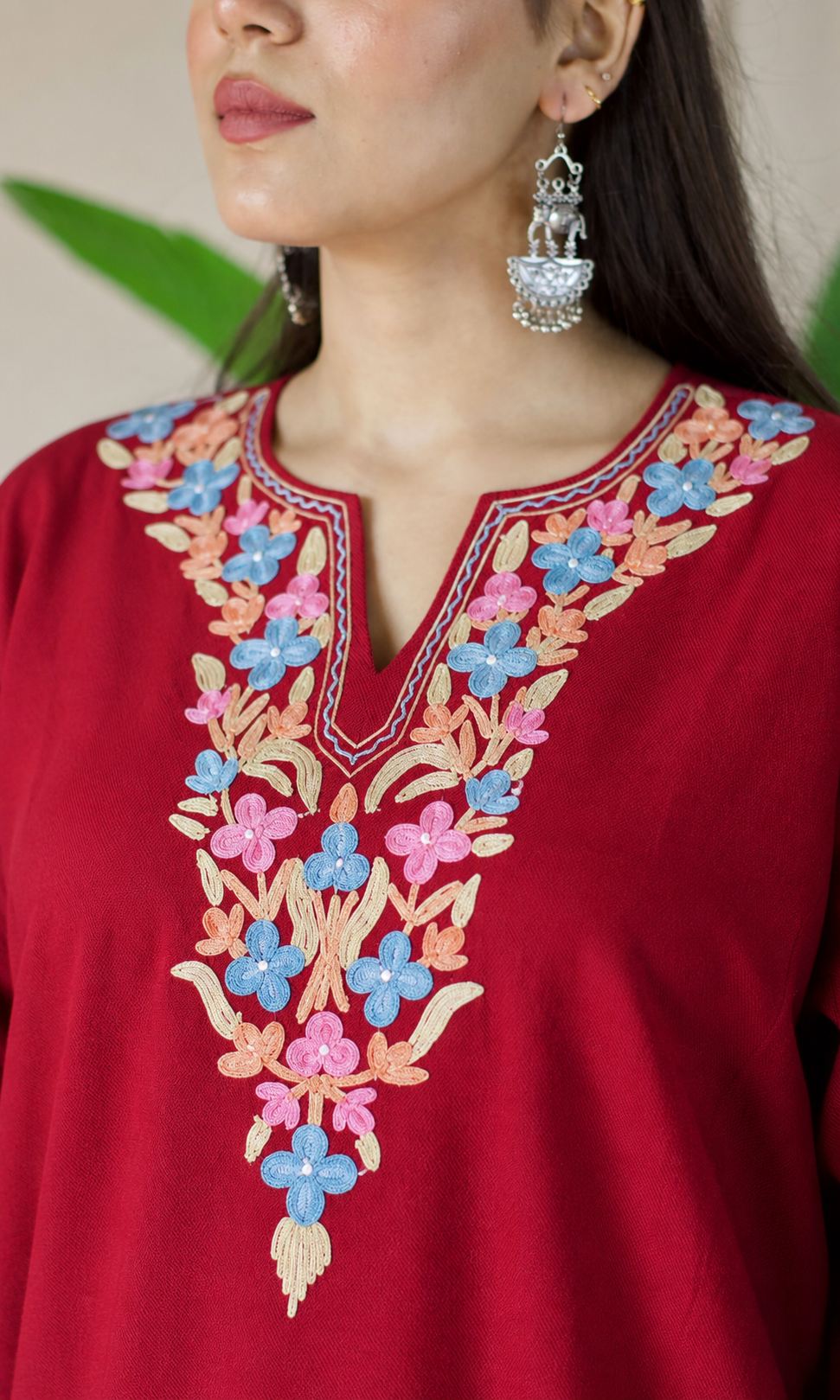 Maroon Sapphire Bloom Aari Embroidered Fine Cashmilon Pheran