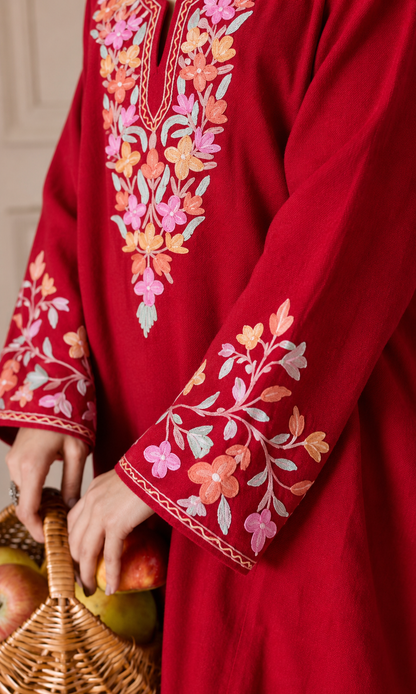Maroon Sunset Bloom Aari Embroidered Fine Cashmilon Pheran