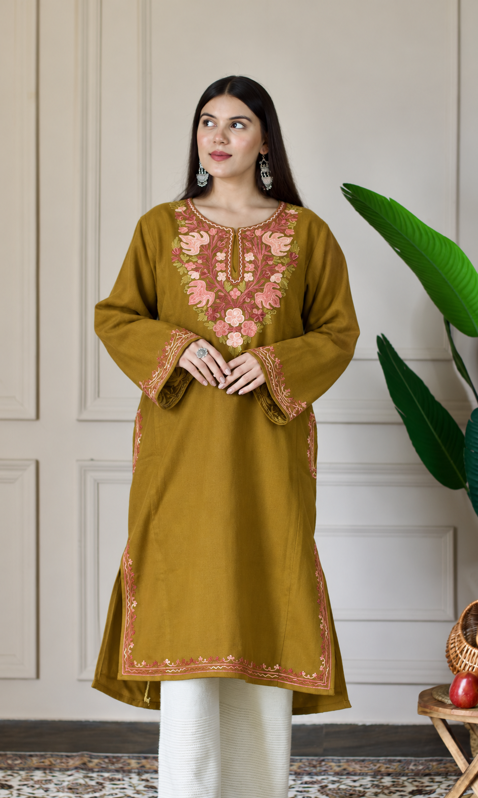 Deep Mustard Rose Ember Aari Embroidered Fine Cashmilon Pheran