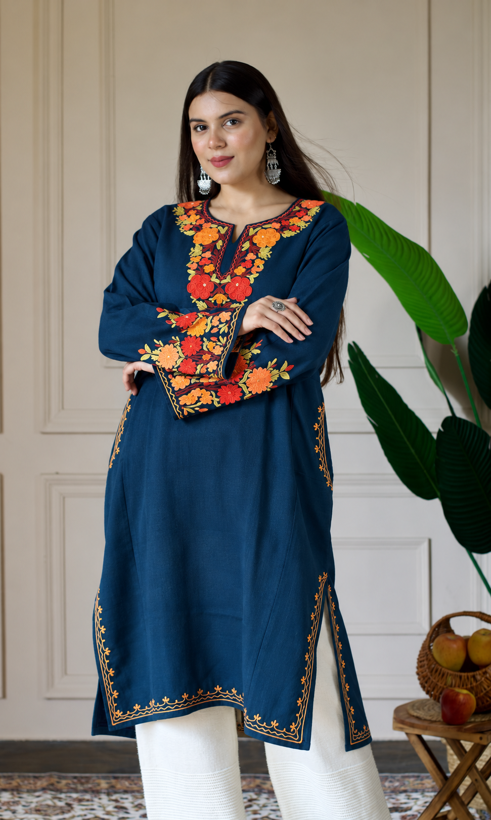 Blue Sunset Blossom Aari Embroidered Fine Cashmilon Pheran