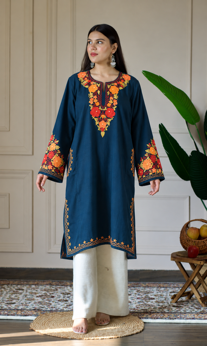 Blue Sunset Blossom Aari Embroidered Fine Cashmilon Pheran