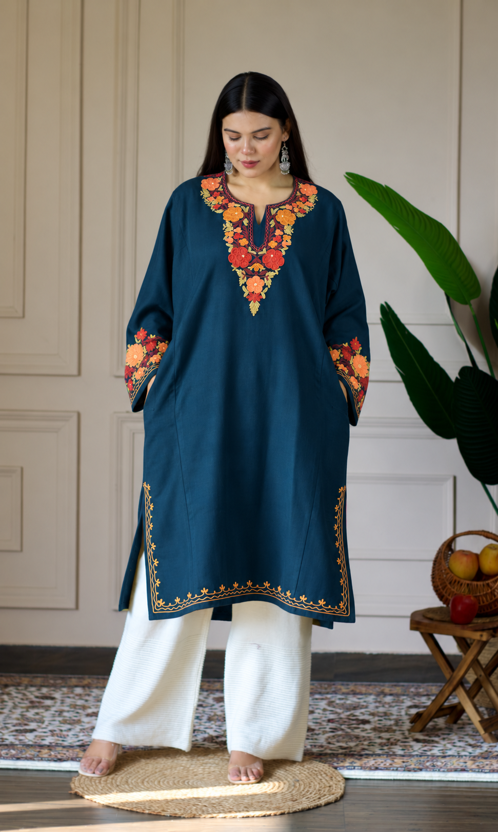 Blue Sunset Blossom Aari Embroidered Fine Cashmilon Pheran