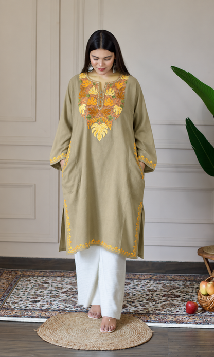 Beige Marigold Aari Embroidered Fine Cashmilon Pheran