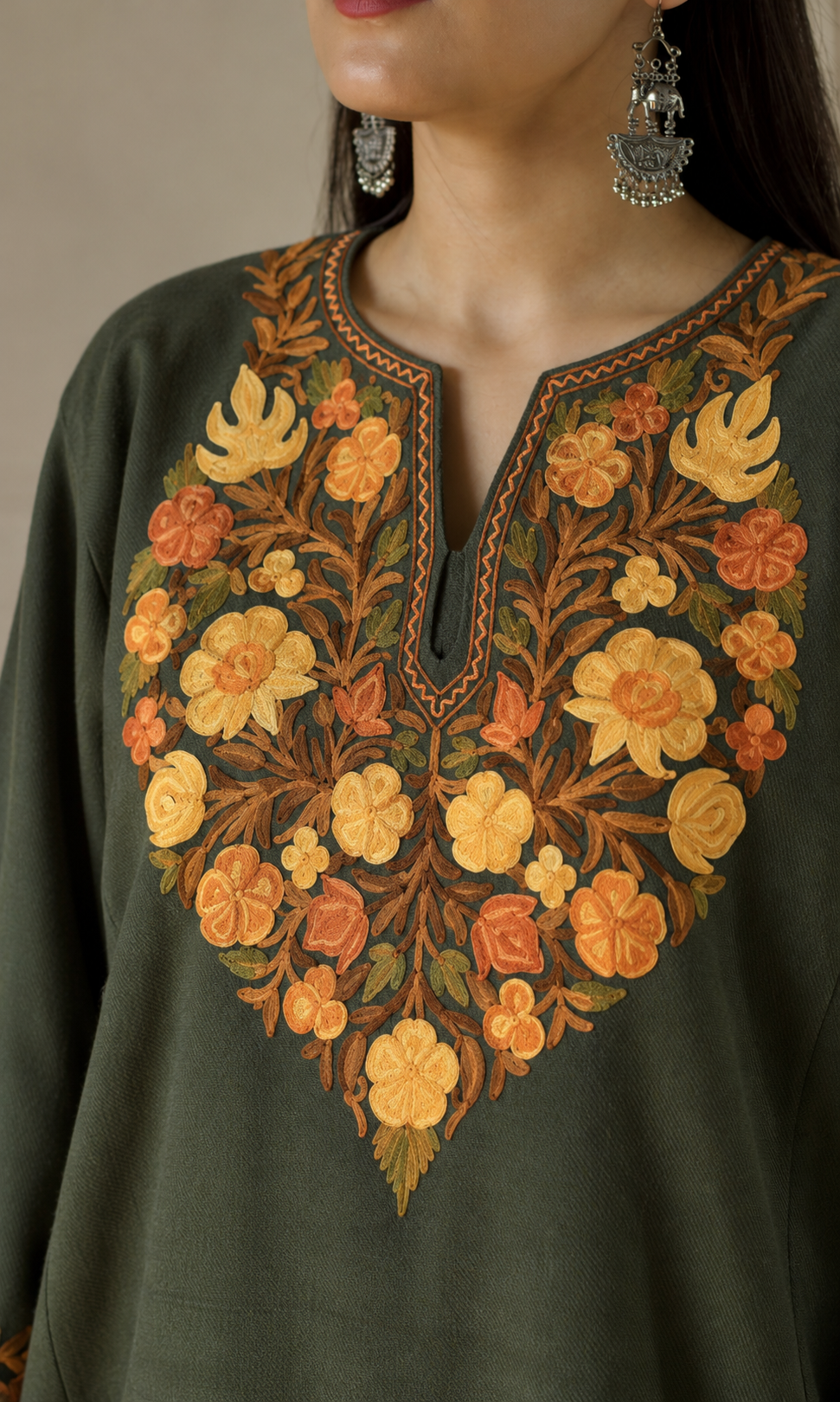 Golden Dark Olive Aari Embroidered Fine Cashmilon Pheran