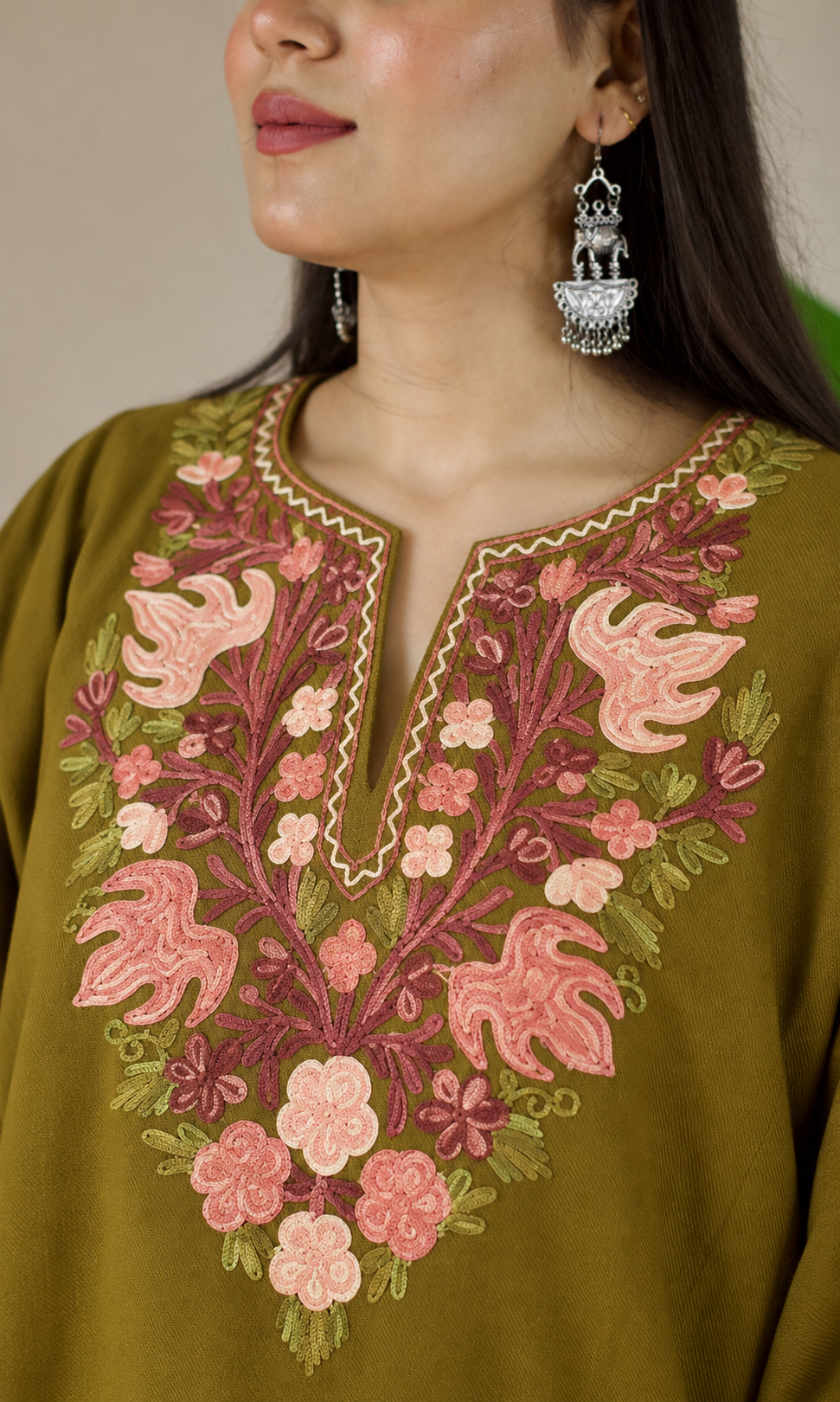 Deep Mustard Rose Ember Aari Embroidered Fine Cashmilon Pheran