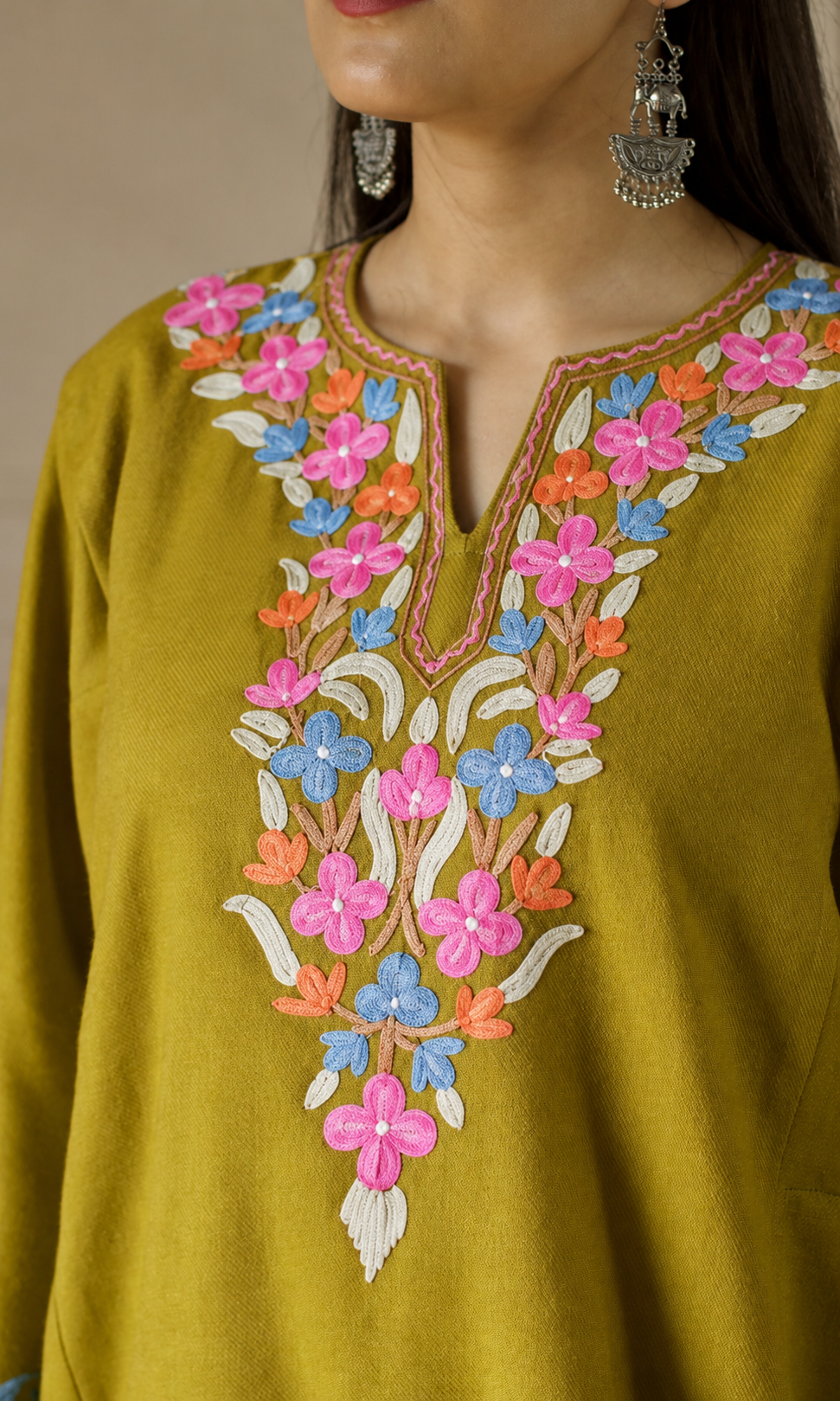 Lime Ruby Bloom Aari Embroidered Fine Cashmilon Pheran