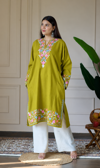 Lime Ruby Bloom Aari Embroidered Fine Cashmilon Pheran