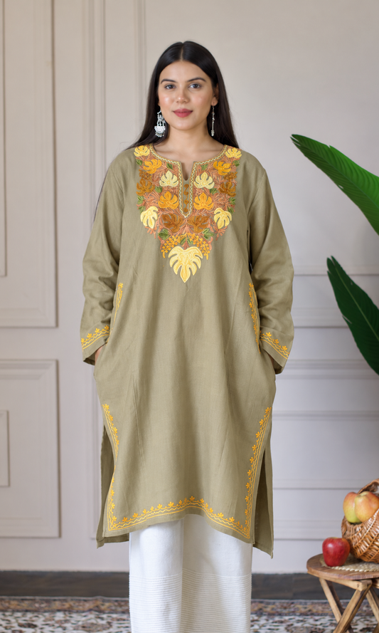 Beige Marigold Aari Embroidered Fine Cashmilon Pheran
