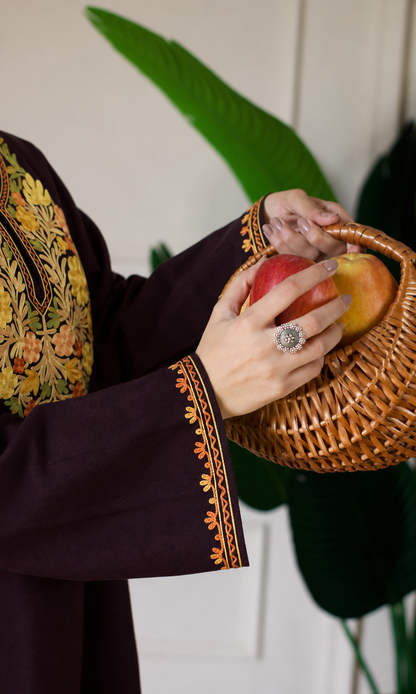 Deep Wine Saffron Ember Aari Embroidered Fine Cashmilon Pheran