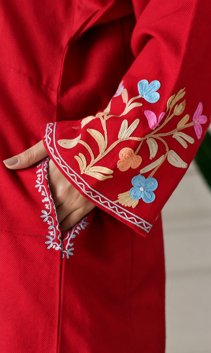 Maroon Sapphire Bloom Aari Embroidered Fine Cashmilon Pheran