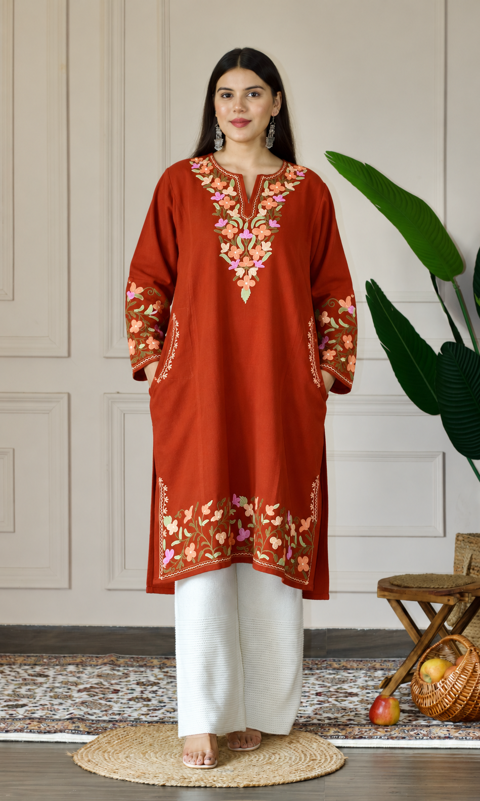 Rust Peach Blossom Aari Embroidered Fine Cashmilon Pheran