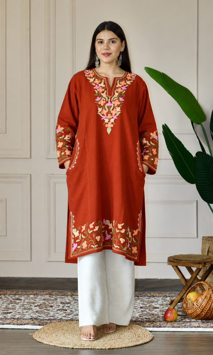Rust Peach Blossom Aari Embroidered Fine Cashmilon Pheran