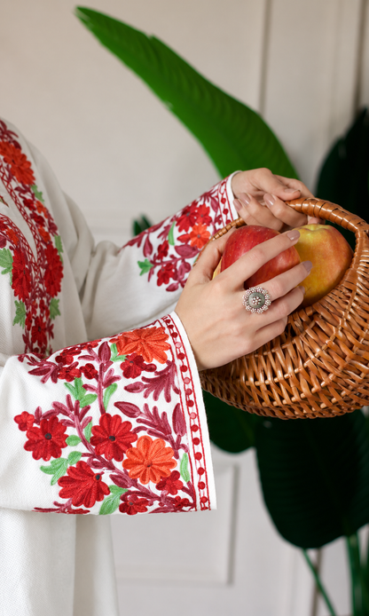 Crimson Bloom White Aari Embroidered Fine Cashmilon Pheran