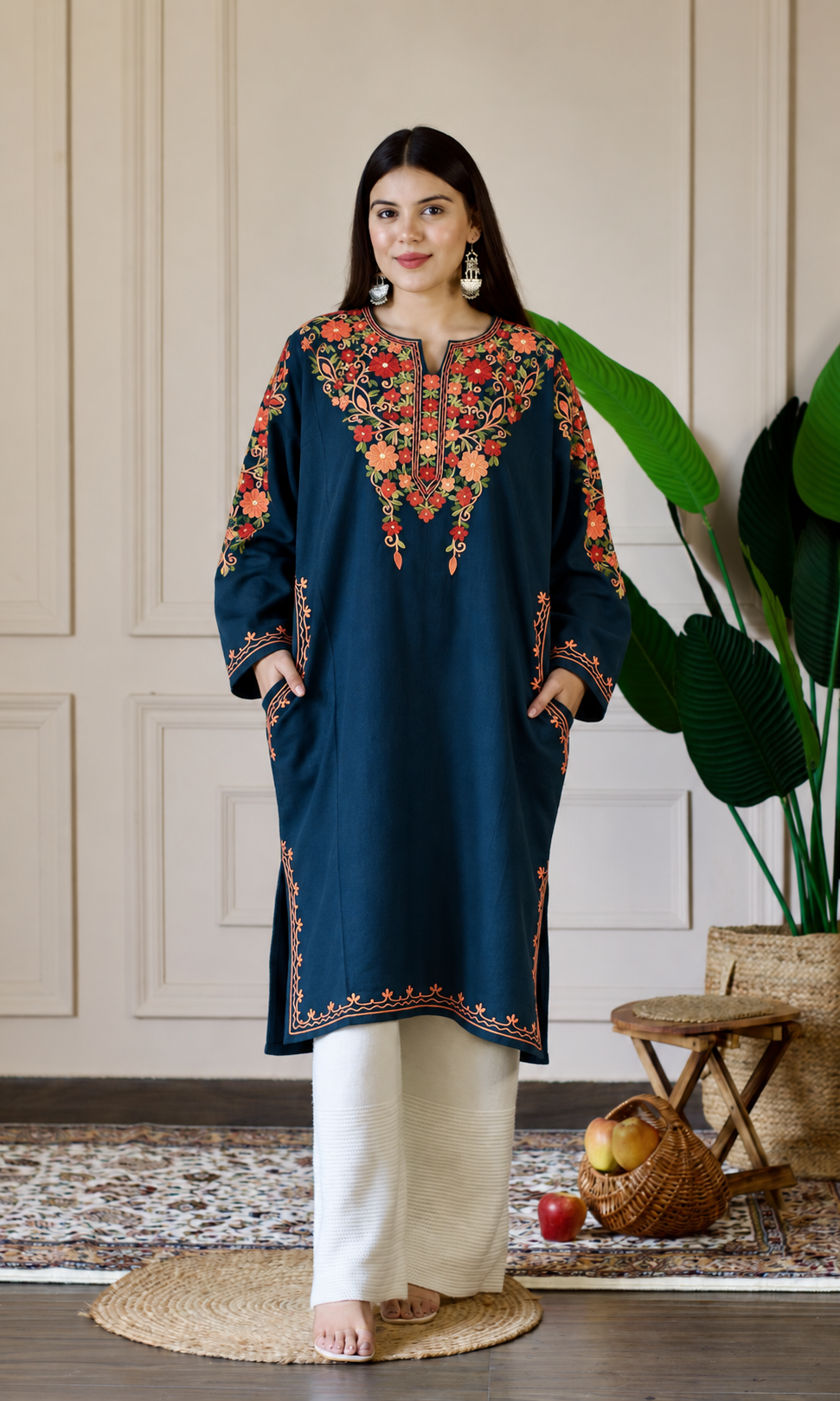 Blue Ember Aari Embroidered Fine Cashmilon Pheran