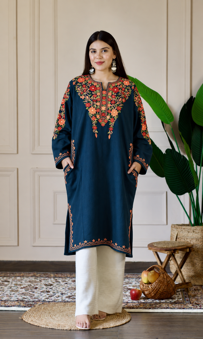 Blue Ember Aari Embroidered Fine Cashmilon Pheran