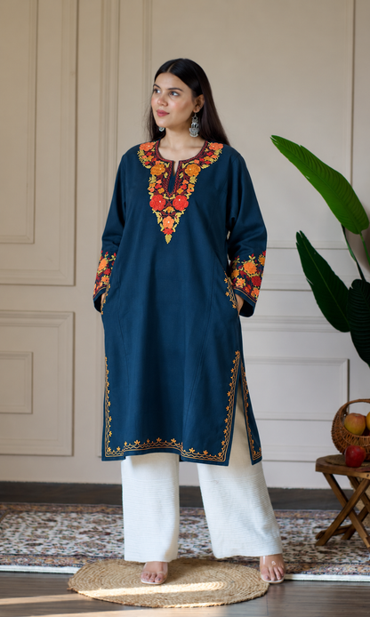 Blue Sunset Blossom Aari Embroidered Fine Cashmilon Pheran