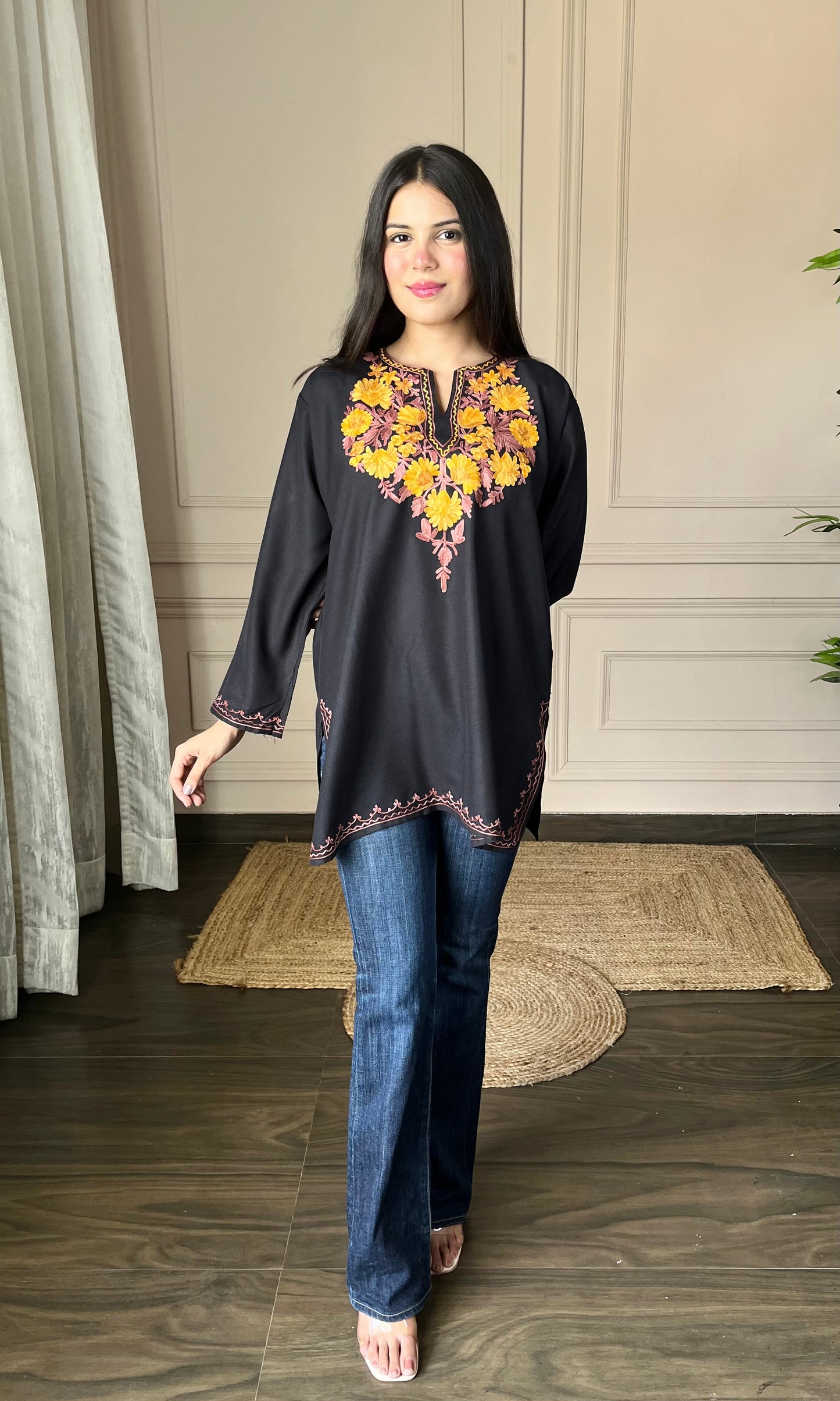 Black Aari Embroidered Short Kurti