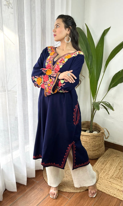 Navy Blue Bliss with Pink Aari Embroidered Fine Cashmilon Pheran