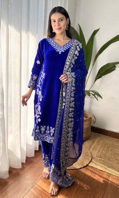 Blue Velvet Suit with Flowing Dupatta