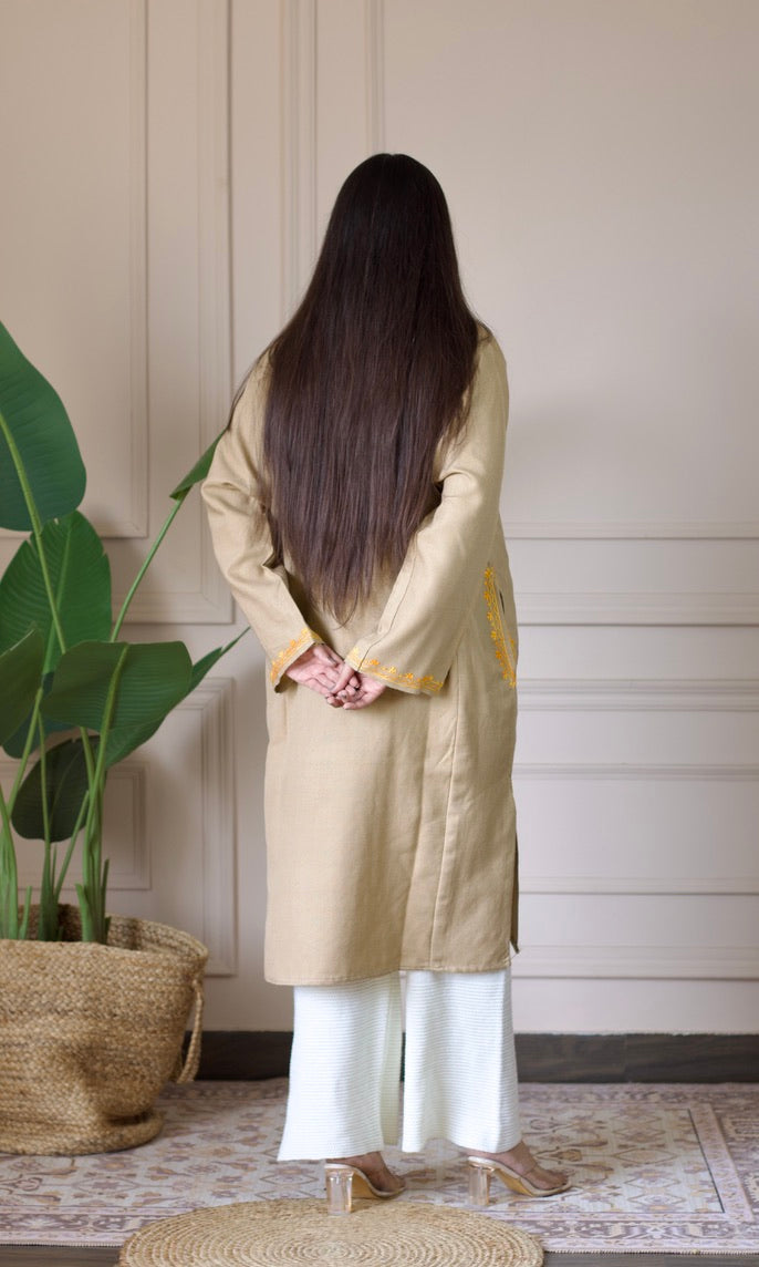 Beige Marigold Aari Embroidered Fine Cashmilon Pheran