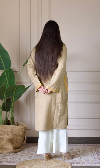 Beige Marigold Aari Embroidered Fine Cashmilon Pheran