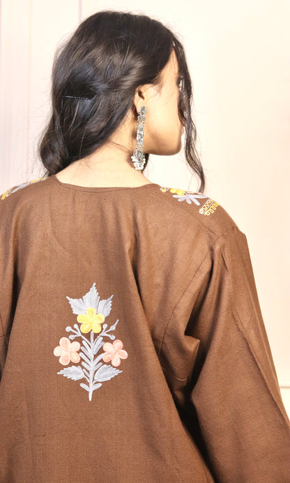 Chocolate Brown Aari Embroidered Fine Cashmilon Pheran