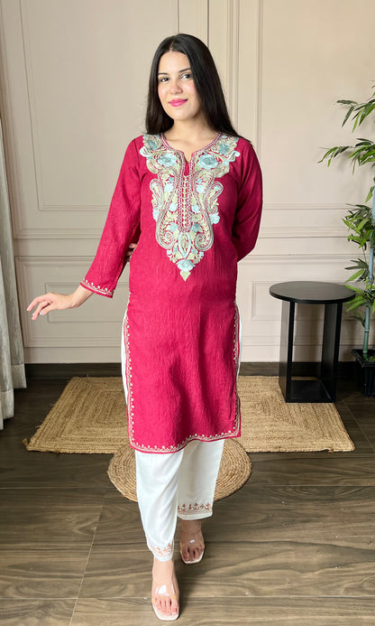 Maroon Aari Embroidered Crushed Cotton Kurti