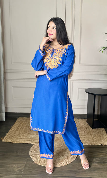 Blue Aari Embroidered Cotton Co-ord Set with Bronze Accents