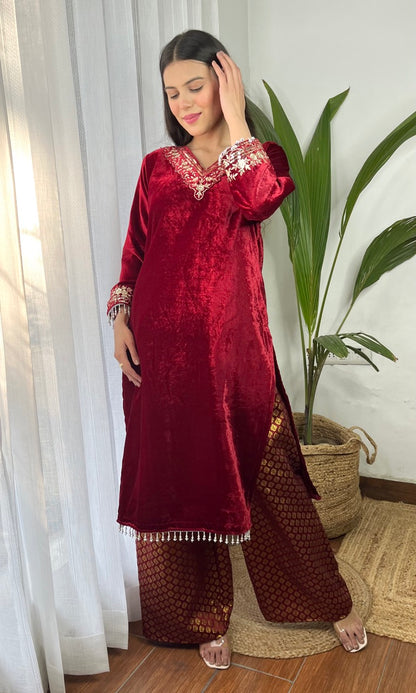 Wine Velvet Suit with Flowing Dupatta