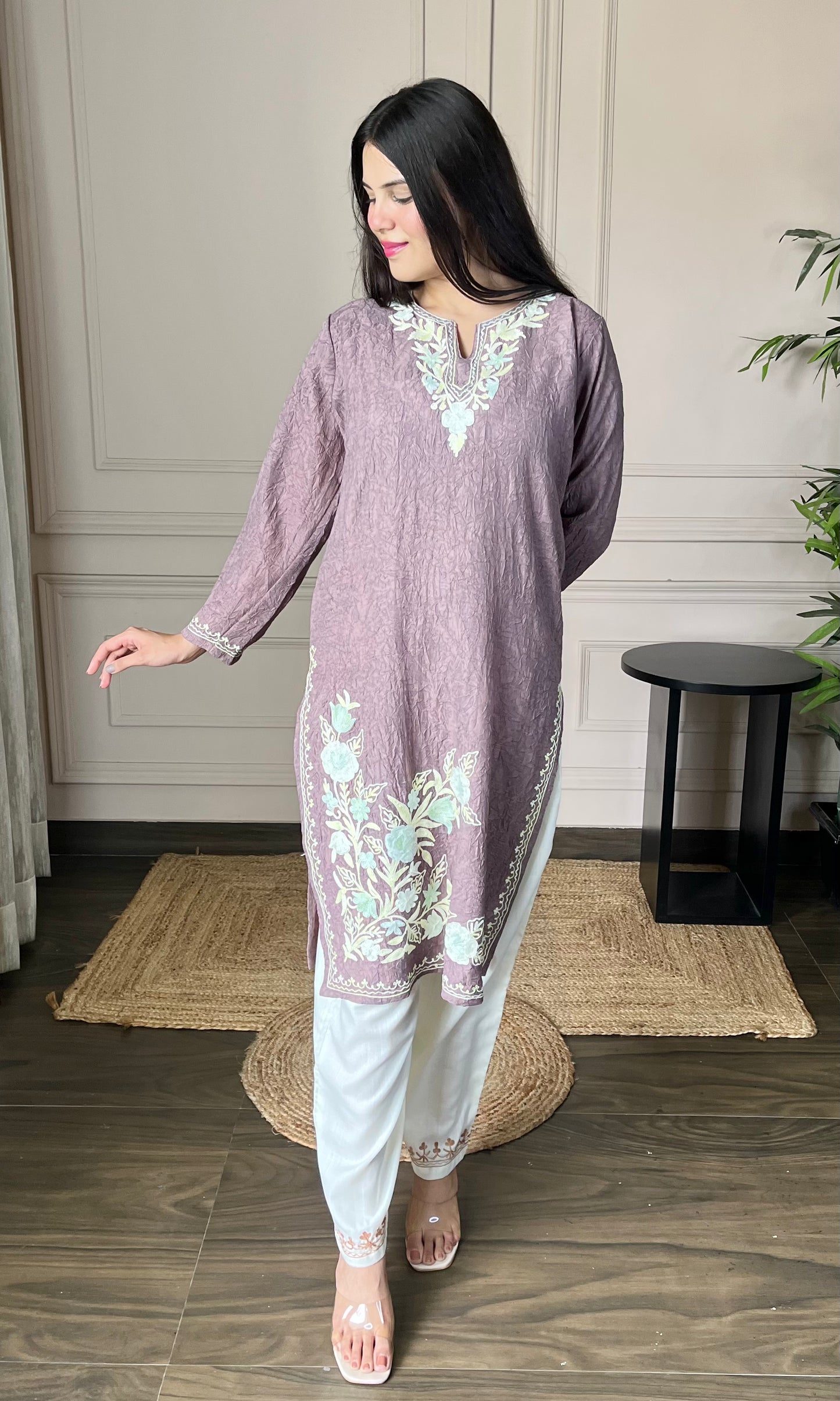 Mauve Aari Embroidered Crushed Cotton Kurti