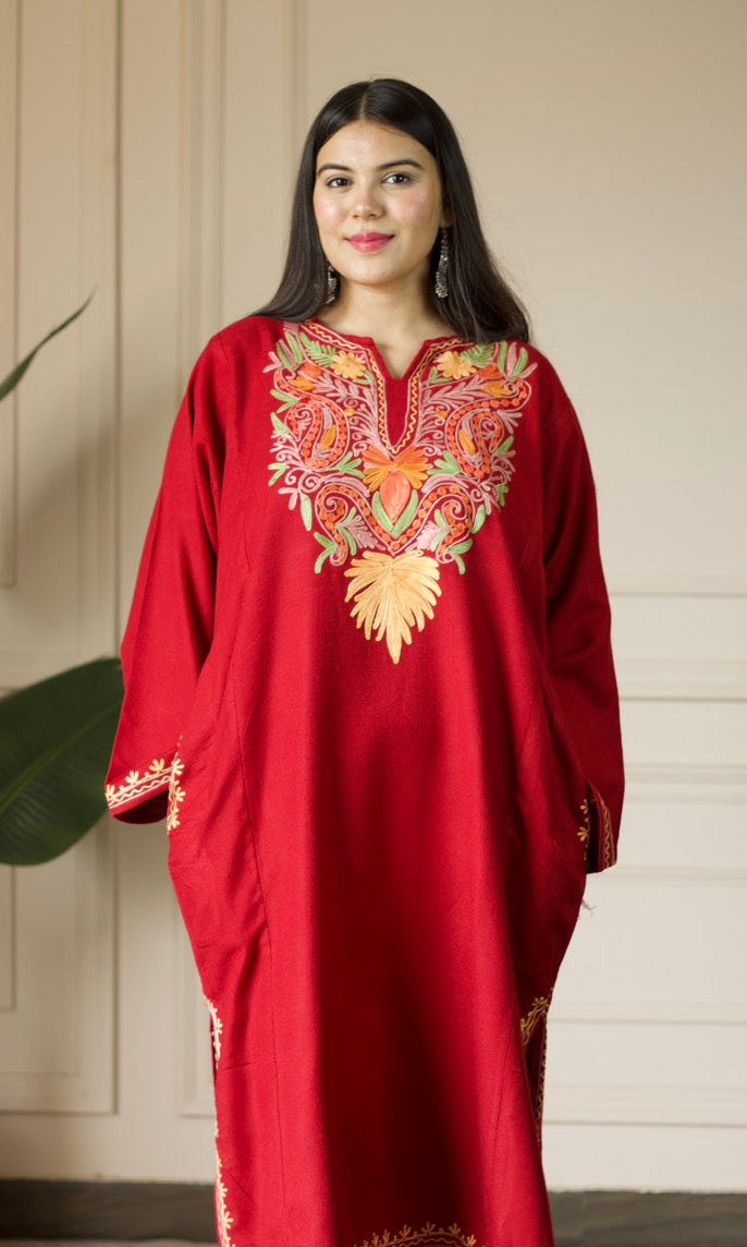 Ruby Flame  Aari Embroidered Fine Cashmilon Pheran