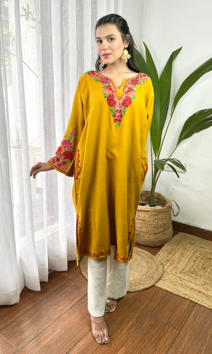 Mustard Bloom Pink Aari Embroidered Fine Cashmilon Pheran