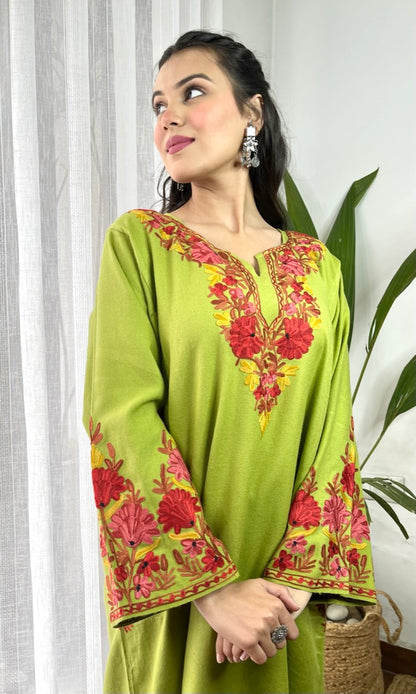 Parrot Green Bliss Pink Aari Embroidered Fine Cashmilon Pheran