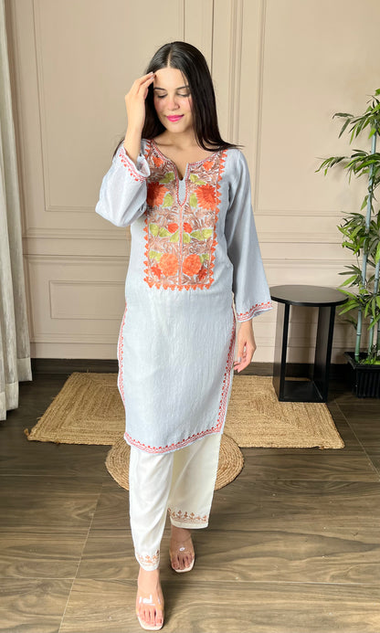 Grey Aari Embroidered Crushed Cotton Kurti