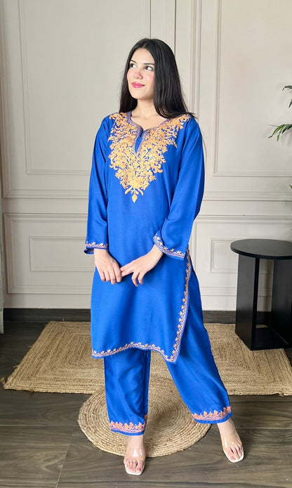 Blue Aari Embroidered Cotton Co-ord Set with Bronze Accents