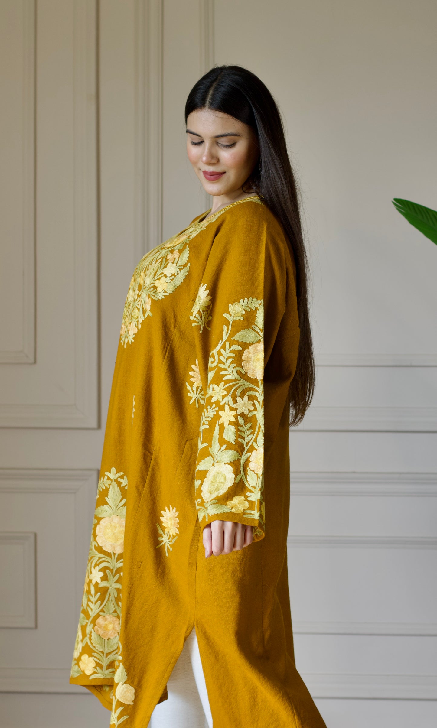 Mustard Aari Embroidered Wool Pheran