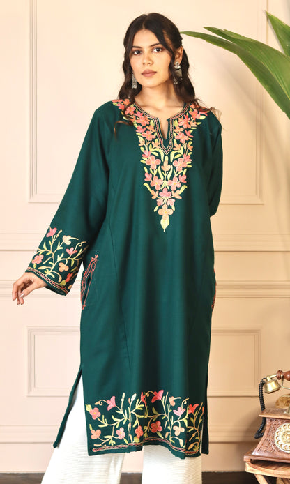 Bottle Green Aari Embroidered Fine Cashmilon Pheran