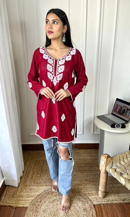 Maroon Red Chikankari Short Kurta