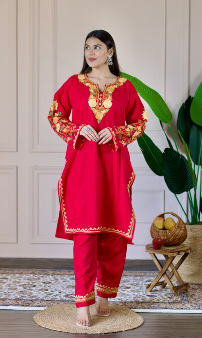 Pink Kashmiri Aari Woollen Co-ord Set