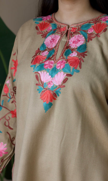 Beige Kashmiri Aari Woollen Co-ord Set – Blush Bloom
