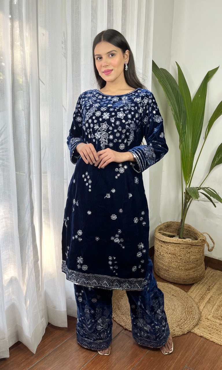 Deep Blue Velvet Suit with Flowing Dupatta