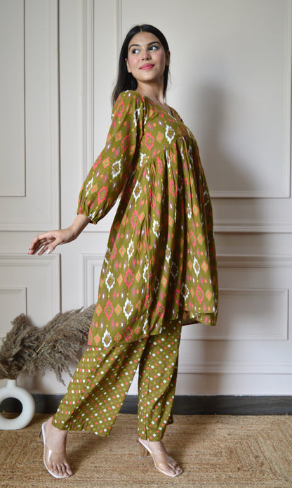 Olive Green Printed Flared Kurta with Pants