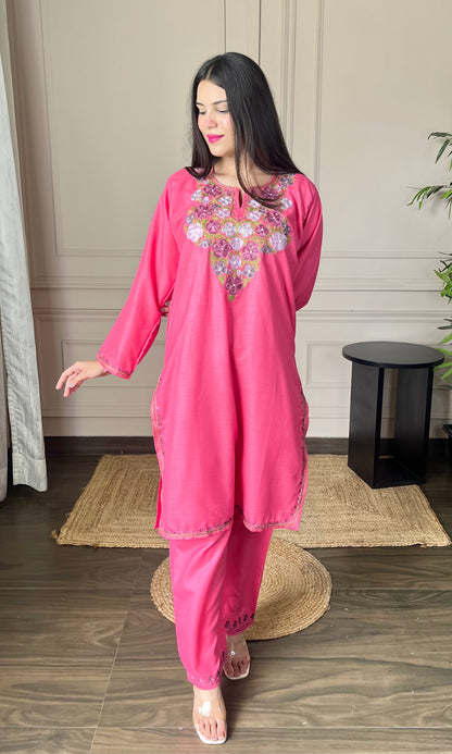 Hot Pink Aari Embroidered Cotton Co-ord Set