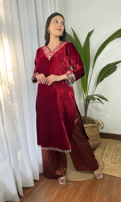 Wine Velvet Suit with Flowing Dupatta