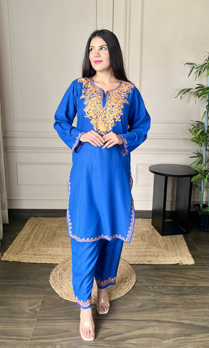 Blue Aari Embroidered Cotton Co-ord Set with Bronze Accents