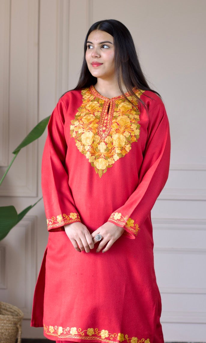 Pink Kashmiri Aari Woollen Co-ord Set - Golden Glow