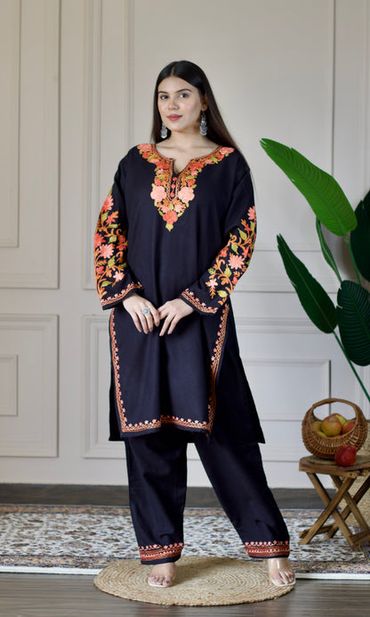 Black Kashmiri Aari Woollen Co-ord Set - Saffron Glow