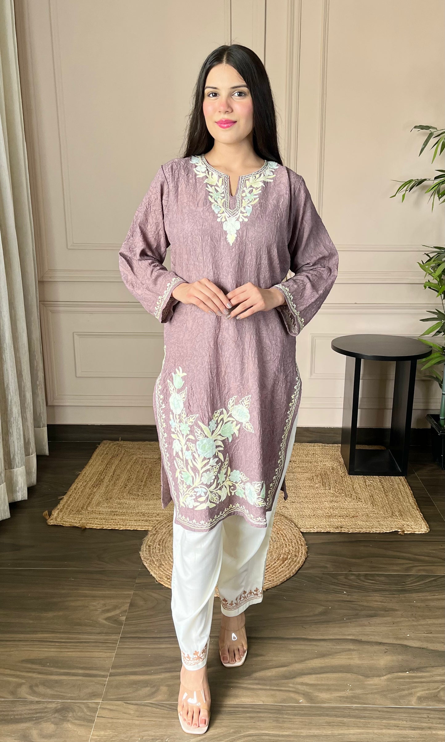 Mauve Aari Embroidered Crushed Cotton Kurti