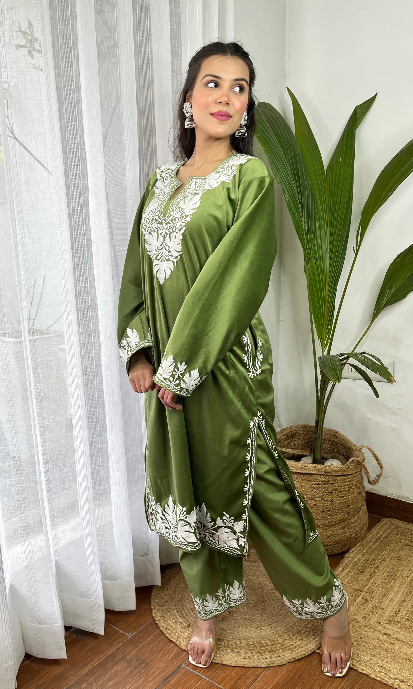 Light Green Aari Embroidered Kashmiri Velvet Suit